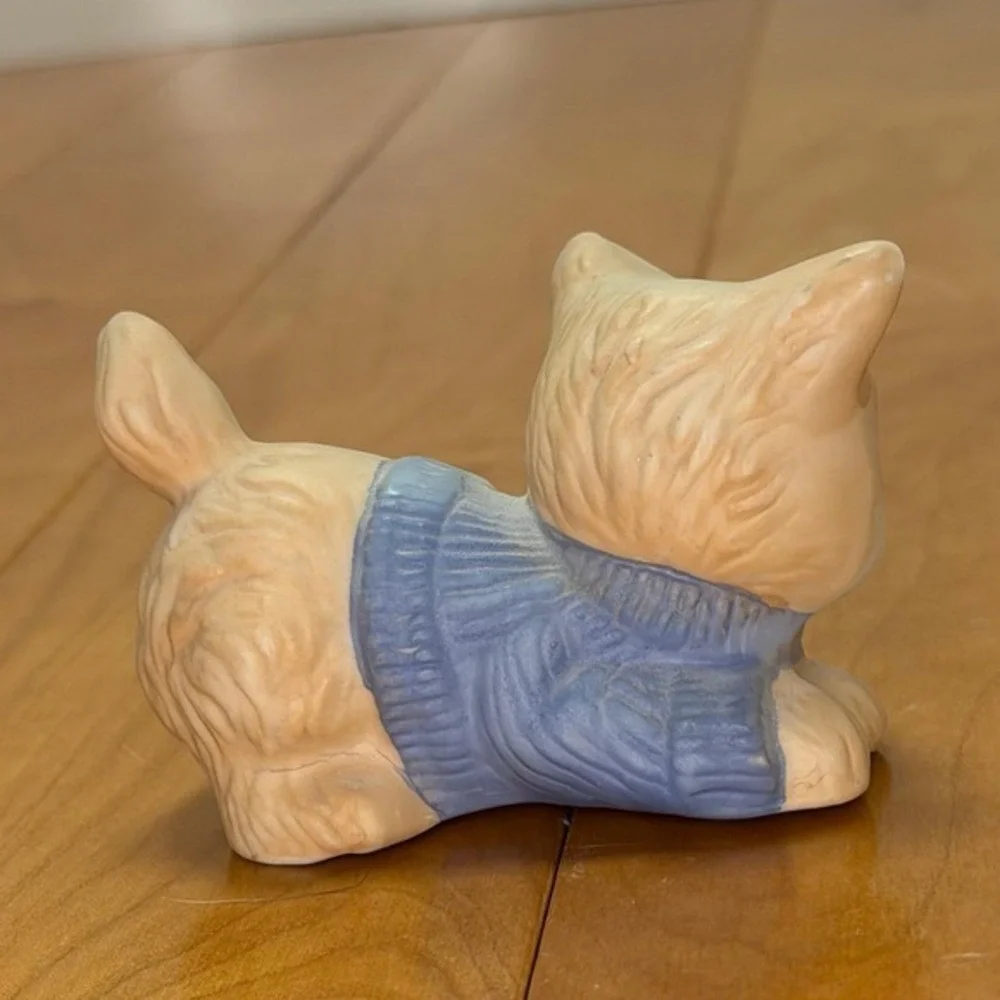 Vintage Ceramic Kitten Figurine – Cat in Blue Sweater Matte Finish Whimsical 3